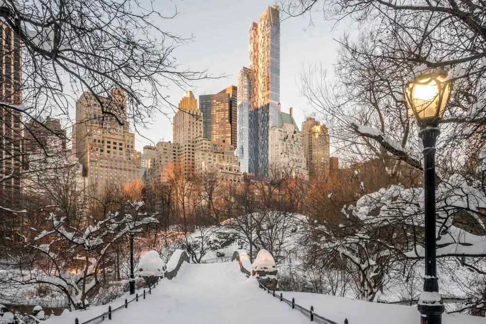 پارک منظره‌سازی پوشیده از برف با پلی که ساختمان‌های بلند در پس‌زمینه نمایان هستند؛ شاخه‌های درخت صحنه را چارچوب می‌کنند