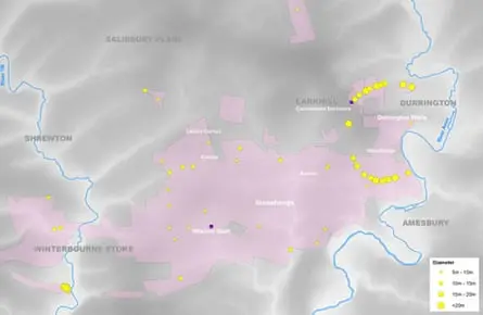 نقشه‌ای که مکان دقیق دایره گودال‌های دورینگتون را نشان می‌دهد