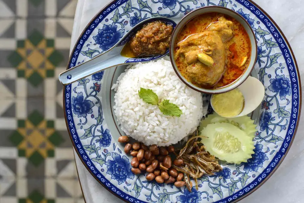 دست‌پخت سنتی مالزیایی ناسی لمک که با برنج، تخم‌مرغ، ماهی‌خوراکی، بادام‌زمینی، برش‌های خیار، سامبال و مرغ کاری بر روی یک بشقاب تزئینی سرو می‌شود