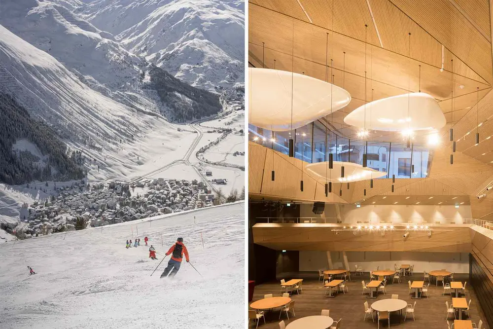 اسکی‌باز بر روی شیب برفی با کوه‌های پس‌زمینه و فضای داخلی مدرن با تزئینات معلق و ناحیه نشستن
