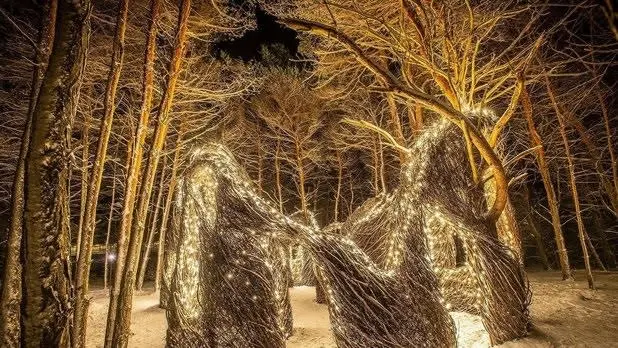 چراغهای زرد درخشان درختان را تزئین میکنند