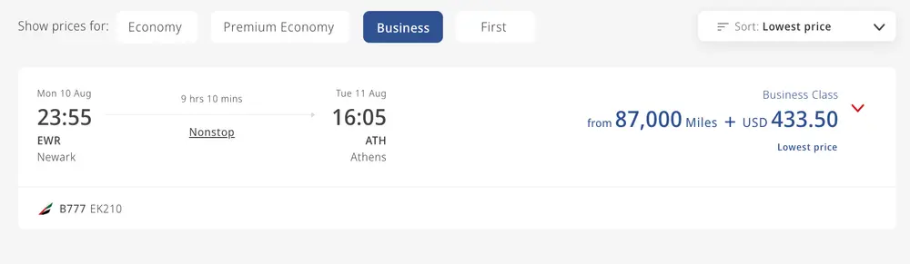 پرواز کلاس بیزینس امارات از نیویورک (EWR) به آتن (ATH)