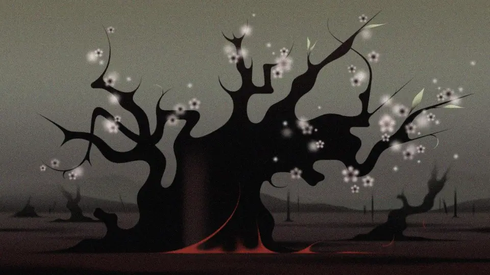 تصویر درختی در حال سوزانیدن که همزمان شکوفه میدهد و برگهای نو میرویند.