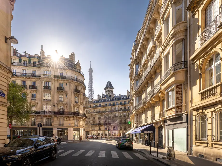 عکسی گسترده از یک محله در پاریس که نمایی از برج ایفل در فاصله دارد.